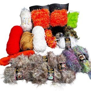 Huge Lot Eyelash Yarns Fun Fur Trim 19 Packs Roll Skein Black White Orange Multi